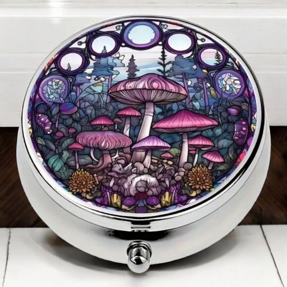 Mushroom Wonderland Pill Box Medicine Mini Steel Case Mirrored Travel Purse Size - Picture 1 of 8